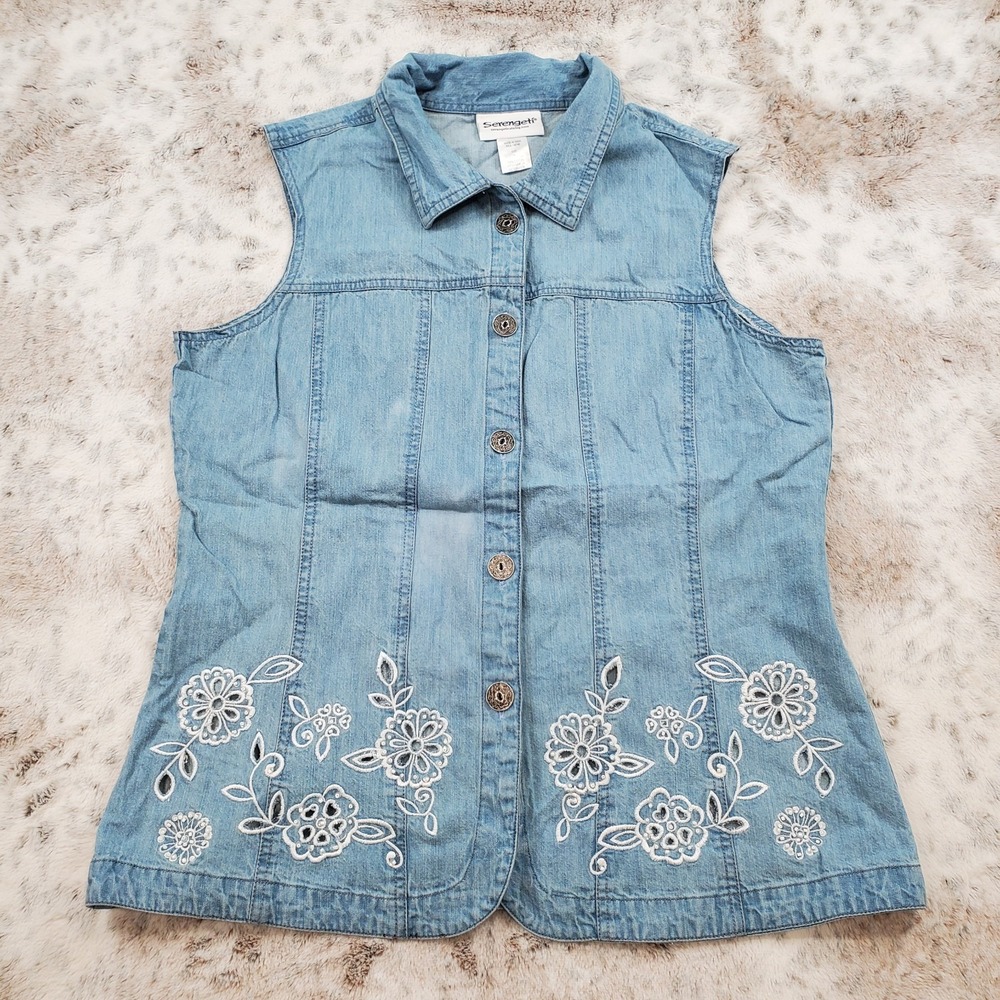 Womens Denim Vest Embroidered Flowers Cutout Beaded Size Large Serengeti